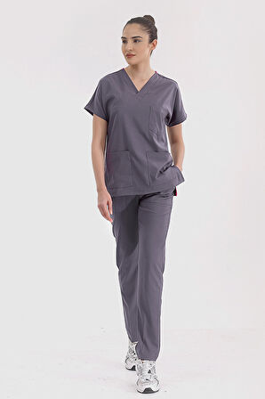 Kurşuni Gri Lüks Likralı Greys Alt Üst Takım Doktor Hemşire Scrubs Üniforma