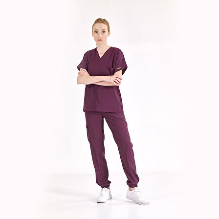 Jogger Lüks Kaliteli Likralı Doktor Hemşire Forması Scrubs Mürdüm