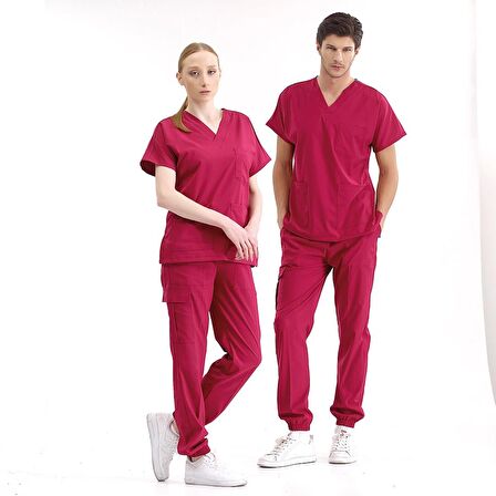 Jogger Lüks Kaliteli Likralı Doktor Hemşire Forması Scrubs Vişne