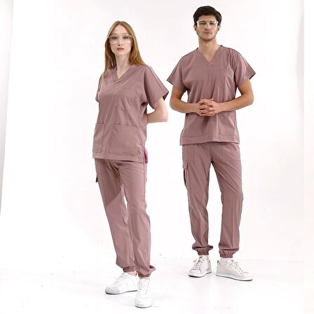 Jogger Lüks Kaliteli Likralı Doktor Hemşire Forması Scrubs Gül Kurusu