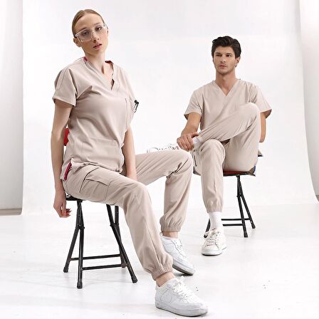 Jogger Lüks Kaliteli Likralı Doktor Hemşire Forması Scrubs Krem