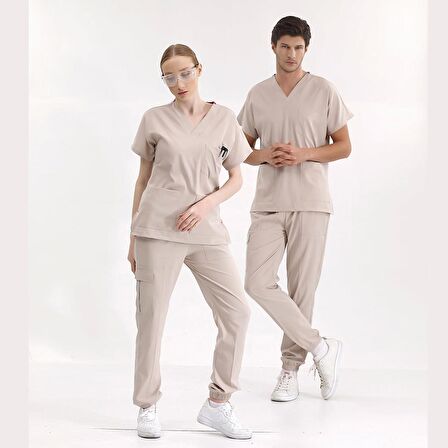 Jogger Lüks Kaliteli Likralı Doktor Hemşire Forması Scrubs Krem