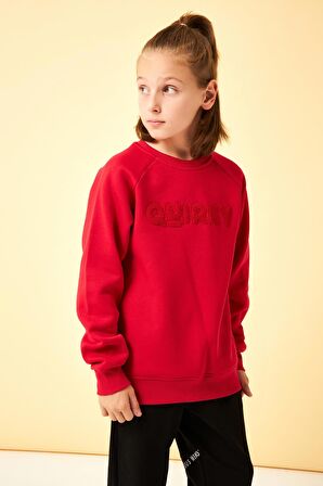 Regular Fit Bisiklet Yaka Süzene Nakışlı Unisex Çocuk Sweatshirt Kırmızı