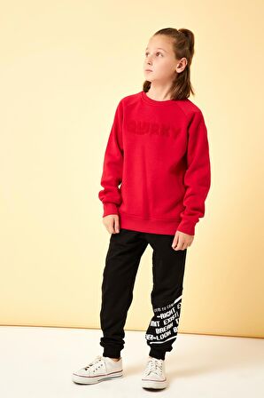 Regular Fit Bisiklet Yaka Süzene Nakışlı Unisex Çocuk Sweatshirt Kırmızı