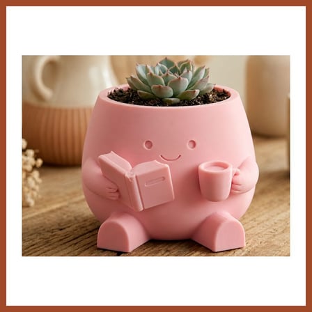 Bezos 3D Baskı Kitap Okuyan Saksı - Kupa Tutan Sevimli Saksı-Pembe PRO