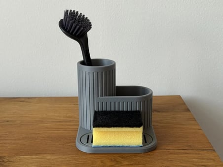 Bezos 3D Baskı Çizgili Lavabo Düzenleyici Süzdürmeli Tepsili Bulaşık Fırçası ve Sünger Tutucu Kompakt Lavabo - Gri PRO