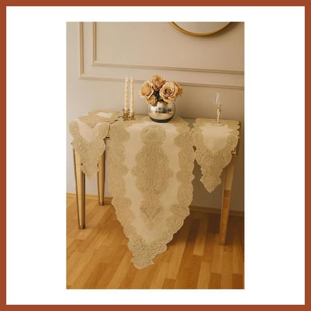 Bezos Salon Takımı 5 Parça Keten Dantelli Masa Örtüsü Runner Seti Angelika Model 236- Simli Gold - 150 x 60 cm PRO