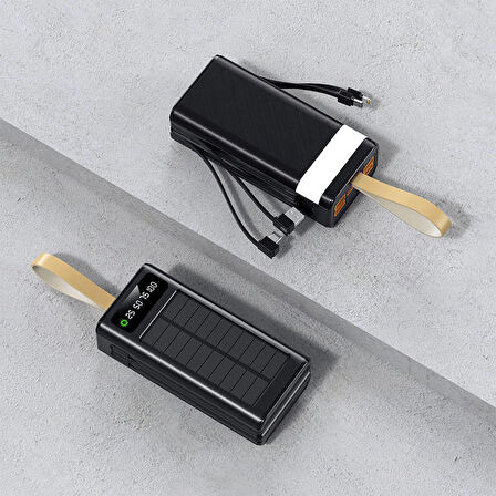 30.000 mAh Güneş Enerjili Powerbank – 22.5W Hızlı Şarj, Çoklu USB Çıkış, Dahili Kablo ve Dijital Ekranlı Taşınabilir Şarj Cihazı