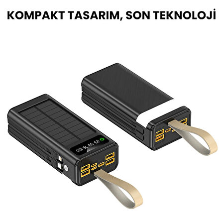 30.000 mAh Güneş Enerjili Powerbank – 22.5W Hızlı Şarj, Çoklu USB Çıkış, Dahili Kablo ve Dijital Ekranlı Taşınabilir Şarj Cihazı