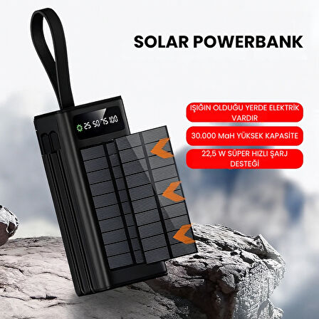 30.000 mAh Güneş Enerjili Powerbank – 22.5W Hızlı Şarj, Çoklu USB Çıkış, Dahili Kablo ve Dijital Ekranlı Taşınabilir Şarj Cihazı