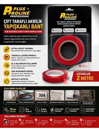 Plus Proline 16 mm 2 Metre | Çift Taraflı Akrilik Vhb Şeffaf Köpük Montaj Bandı | Silikonize Çift Taraflı Bant  | Güçlü Yapıştırıcı | Iç & Dış Mekan