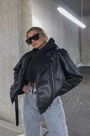 Prifaldi Oversize Uzun Kadın Siyah Deri Ceket 