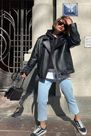 Prifaldi Oversize Uzun Kadın Siyah Deri Ceket 