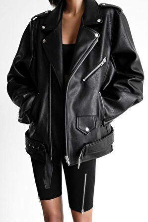 Prifaldi Oversize Uzun Kadın Siyah Deri Ceket 
