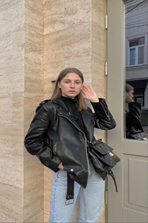 Prifaldi Oversize Uzun Kadın Siyah Deri Ceket 