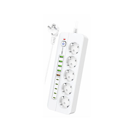 3000W Yeni Tasarım Akım Korumalı 5 USB'li ve 5 TYPE-C li 5'lı Grup Priz 2 m Uzatma Kablosu Beyaz