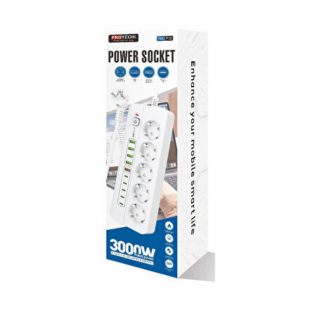 3000W Yeni Tasarım Akım Korumalı 5 USB'li ve 5 TYPE-C li 5'lı Grup Priz 2 m Uzatma Kablosu Beyaz