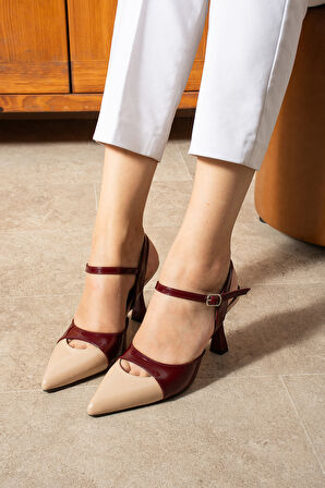 LUNARIA Kadın Renk Bloklu Bilekten Bağlamalı Kadın Bordo Krem Topuklu Ayakkabı 