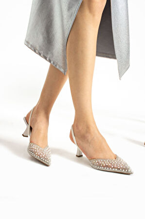 Şeffaf Taşlı Arkası Açık Topuklu Ayakkabı