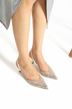 Şeffaf Taşlı Arkası Açık Topuklu Ayakkabı