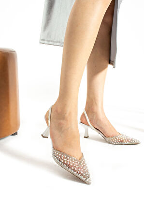 Şeffaf Taşlı Arkası Açık Topuklu Ayakkabı