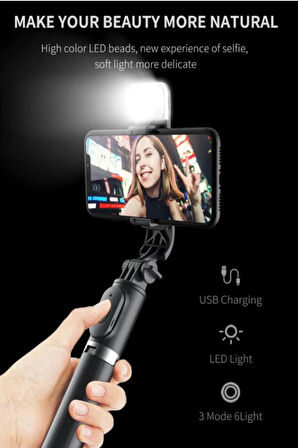 Işıklı Selfie Stick 360 Derece Bluetooth Kumandalı Selfie Çubuğu Fill Light Tripod Q02S