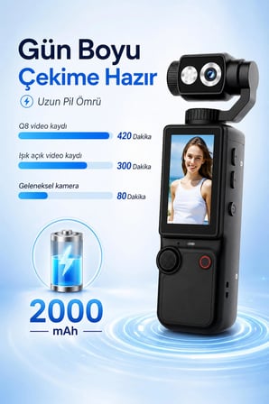Vlog Kamera 4K Ultra HD Mini Aksiyon Kamerası 2.0 inç Ekranlı Mikrofon Destekli Oto Fokus Özellikli 180° Döner Başlıklı