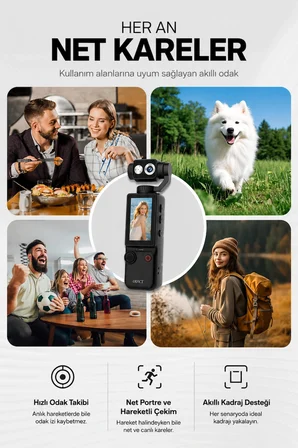 Vlog Kamera 4K Ultra HD Mini Aksiyon Kamerası 2.0 inç Ekranlı Mikrofon Destekli Oto Fokus Özellikli 180° Döner Başlıklı