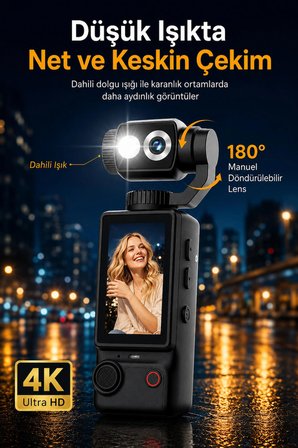 Vlog Kamera 4K Ultra HD Mini Aksiyon Kamerası 2.0 inç Ekranlı Mikrofon Destekli Oto Fokus Özellikli 180° Döner Başlıklı
