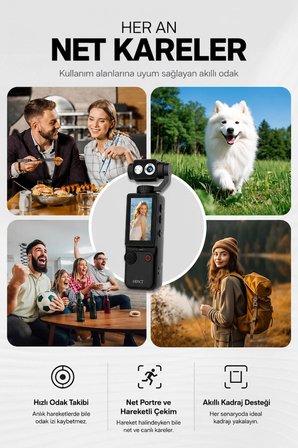 Vlog Kamera 4K Ultra HD Mini Aksiyon Kamerası 2.0 inç Ekranlı Mikrofon Destekli Oto Fokus Özellikli 180° Döner Başlıklı