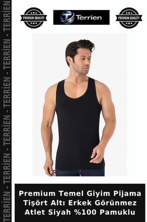 Premium Temel Giyim Pijama Tişört Altı Erkek Görünmez Atlet Siyah %100 Pamuklu