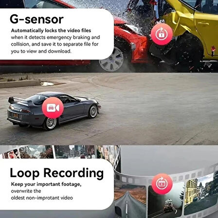 Süper HD 1296P 3 Kameralı Araç İçi Dash Cam - G-Sensör, Geniş Açı
