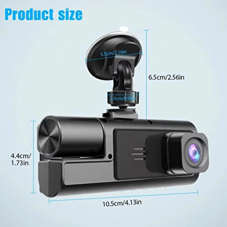 Süper HD 1296P 3 Kameralı Araç İçi Dash Cam - G-Sensör, Geniş Açı