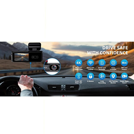 4K Ultra Hd Araç İçi Kamera Wifi Ön Arka Kamera GPS 1.97 inç Ekran