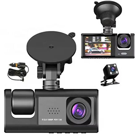 3 Kameralı Full HD Araç Kamerası - 170 Derece Geniş Açı, Döngüsel Kayıt, Arka Görüş