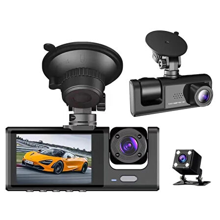 3 Kameralı Full HD Araç Kamerası - 170 Derece Geniş Açı, Döngüsel Kayıt, Arka Görüş