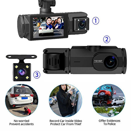 Full HD 1080p 3 Kameralı Araç İçi Trafik Kayıt Cihazı - Araç İçi Kamera