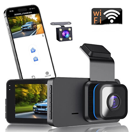 Dual Lens Araç Kamerası - WiFi Destekli, Süper HD 1296p, Döngü Kayıtlı