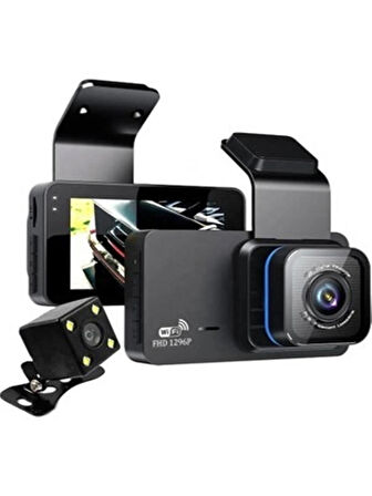 Dual Lens Araç Kamerası - WiFi Destekli, Süper HD 1296p, Döngü Kayıtlı