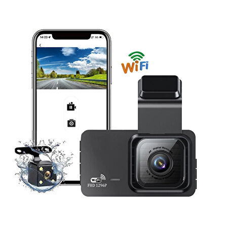 Dual Lens Araç Kamerası - WiFi Destekli, Süper HD 1296p, Döngü Kayıtlı
