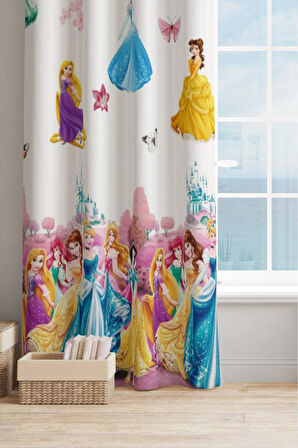 Prenses Desenli Model Renkli Kız Çocuk Odası 2Kat Pileli Güneşlik Fon Perde