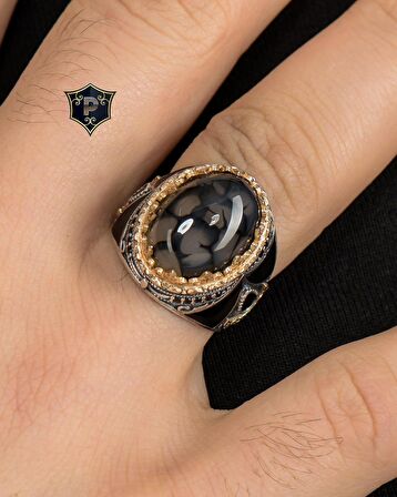 925 Ayar Gümüş Erkek Yüzüğü Akik Taşlı Zirkon Taş Süslemeli