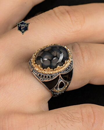 925 Ayar Gümüş Erkek Yüzüğü Akik Taşlı Zirkon Taş Süslemeli