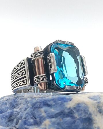 925 Ayar Gümüş Aqua Baget Taşlı "Şah Cihan" Yüzüğü