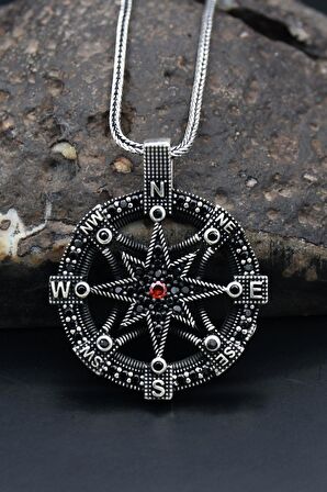 Kutup Yıldızlı Pusula 925 Ayar Erkek Gümüş Kolye Zincir