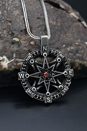 Kutup Yıldızlı Pusula 925 Ayar Erkek Gümüş Kolye Zincir