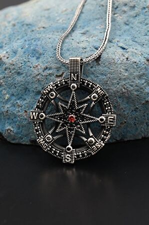 Kutup Yıldızlı Pusula 925 Ayar Erkek Gümüş Kolye Zincir