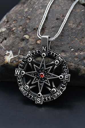 Kutup Yıldızlı Pusula 925 Ayar Erkek Gümüş Kolye Zincir