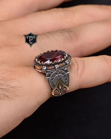 Kırmızı Zirkon Taşlı Zirkon Taş Süslemeli 925 Ayar Gümüş Erkek Yüzüğü