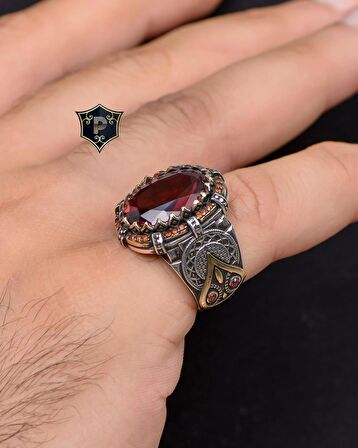 Kırmızı Zirkon Taşlı Zirkon Taş Süslemeli 925 Ayar Gümüş Erkek Yüzüğü